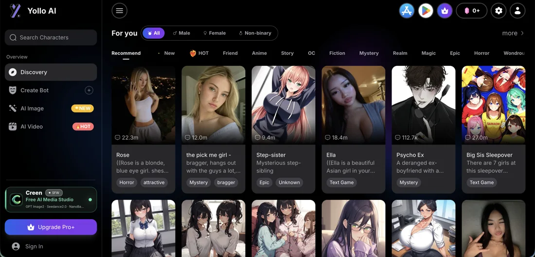 Yollo AI homepage with character catalog