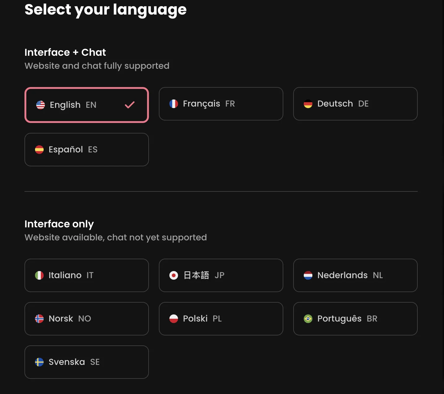 Скриншот окна Select your language на Candy AI: раздел Interface + Chat (Website and chat fully supported) — English EN (выбран), Français FR, Deutsch DE, Español ES. Раздел Interface only (Website available, chat not yet supported) — Italiano, 日本語, Nederlands, Norsk, Polski, Português BR, Svenska. Русского нет ни в одном разделе.