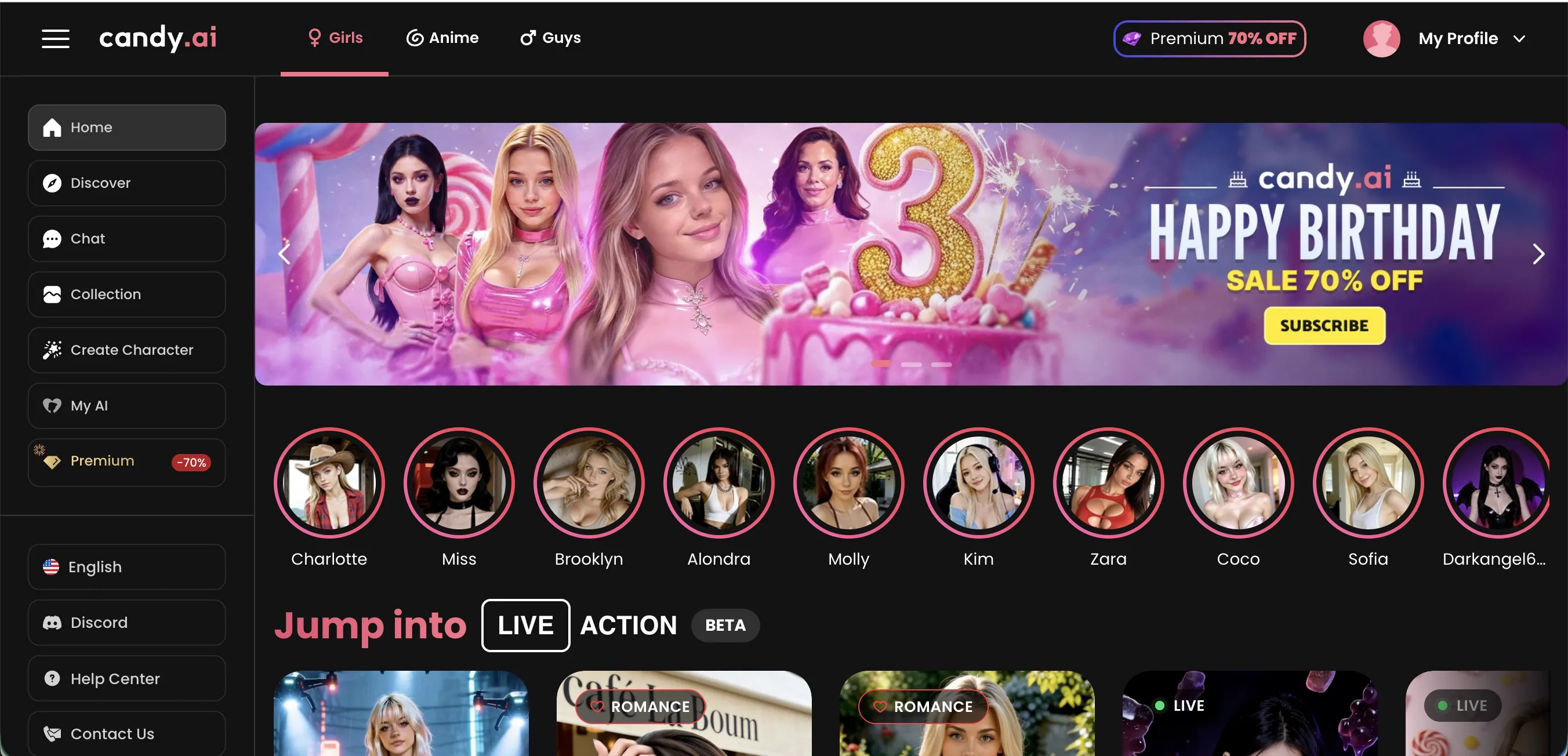 Candy AI main interface showing the character catalog with curated photorealistic avatars across Girls, Anime, and Guys categories in a clean dating-app-style web layout