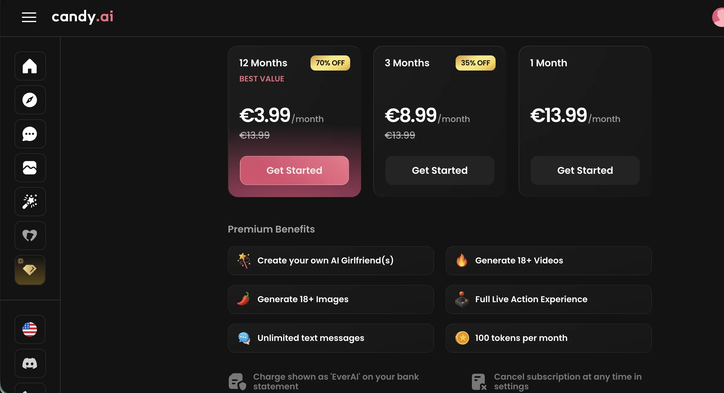 Скриншот страницы тарифов Candy AI: 12 Months (Best Value, 70% OFF) €3.99/month (зачёркнуто €13.99), 3 Months (35% OFF) €8.99/month, 1 Month €13.99/month. Premium Benefits: Create your own AI Girlfriend(s), Generate 18+ Videos, Generate 18+ Images, Full Live Action Experience, Unlimited text messages, 100 tokens per month. Charge shown as EverAI on your bank statement, Cancel subscription at any time in settings.