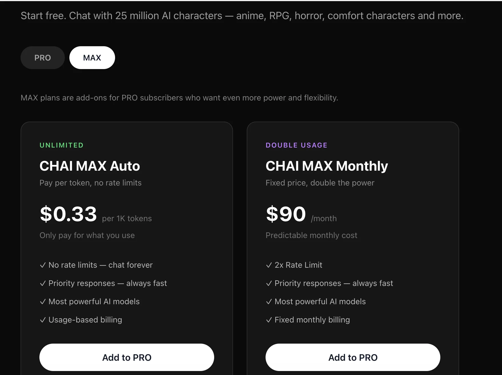 Chai MAX addon — Auto $0.33/1K tokens или Monthly $90