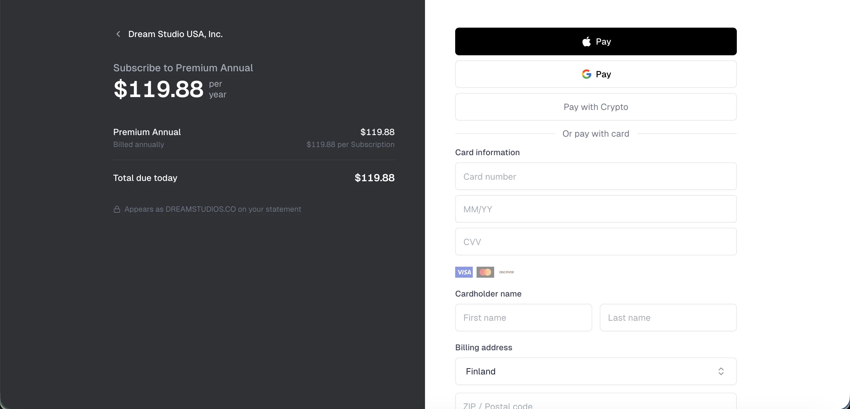 OurDream Payment screen showing Subscribe to Premium Annual $119.88 per year, Total due today $119.88, payment options Apple Pay G Pay or Pay with Crypto or Pay with card (Visa Mastercard Discover), card information field with cardholder name and billing address Finland default, charged by Dream Studio USA Inc as DREAMSTUDIOS.CO