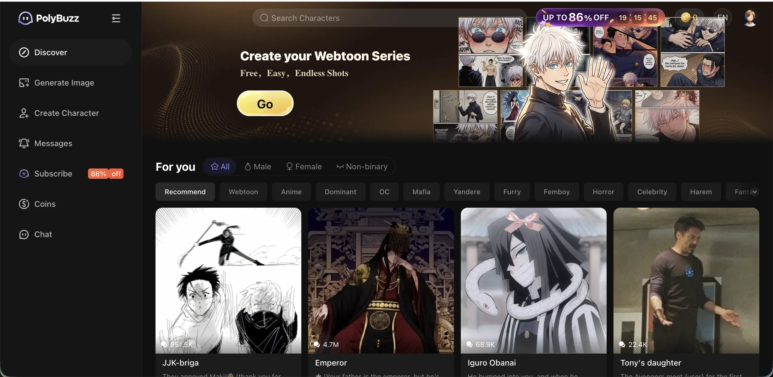 Polybuzz homepage screenshot showing the Discover sidebar with Generate Image, Create Character, Messages, Subscribe, Coins, Chat options, plus a Webtoon Series banner and category filters: Recommend, Webtoon, Anime, Dominant, DC, Mafia, Yandere, Furry, Femboy, Horror, Celebrity, Harem, Yuri