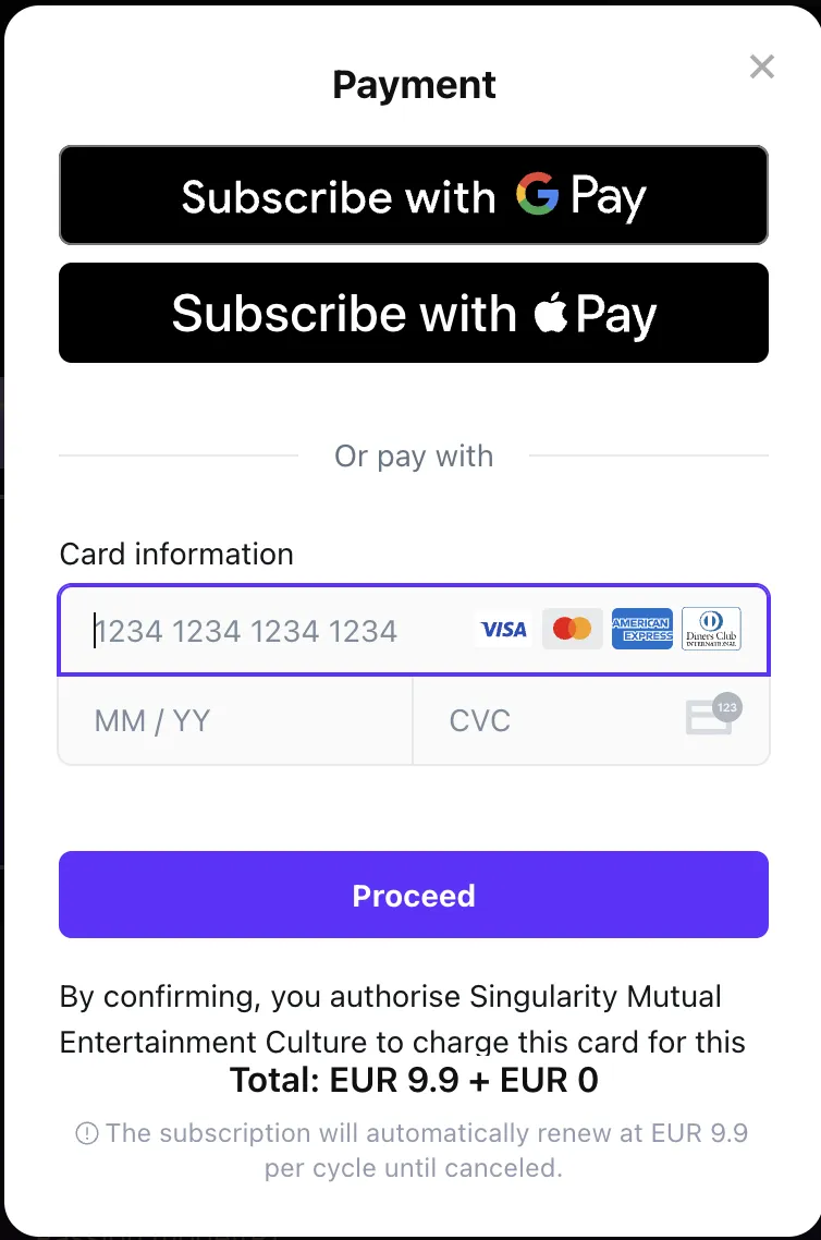 Polybuzz Payment modal showing Subscribe with G Pay or Apple Pay, Card information field accepting Visa Mastercard Amex Diners Club, charged by Singularity Mutual Entertainment Culture