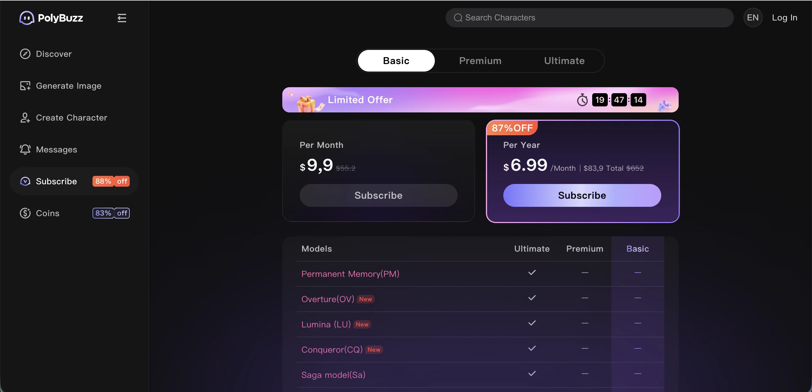 Polybuzz Basic — $9.9 в месяц или $6.99 при годовой оплате (Limited Offer 87% off от $55.2)