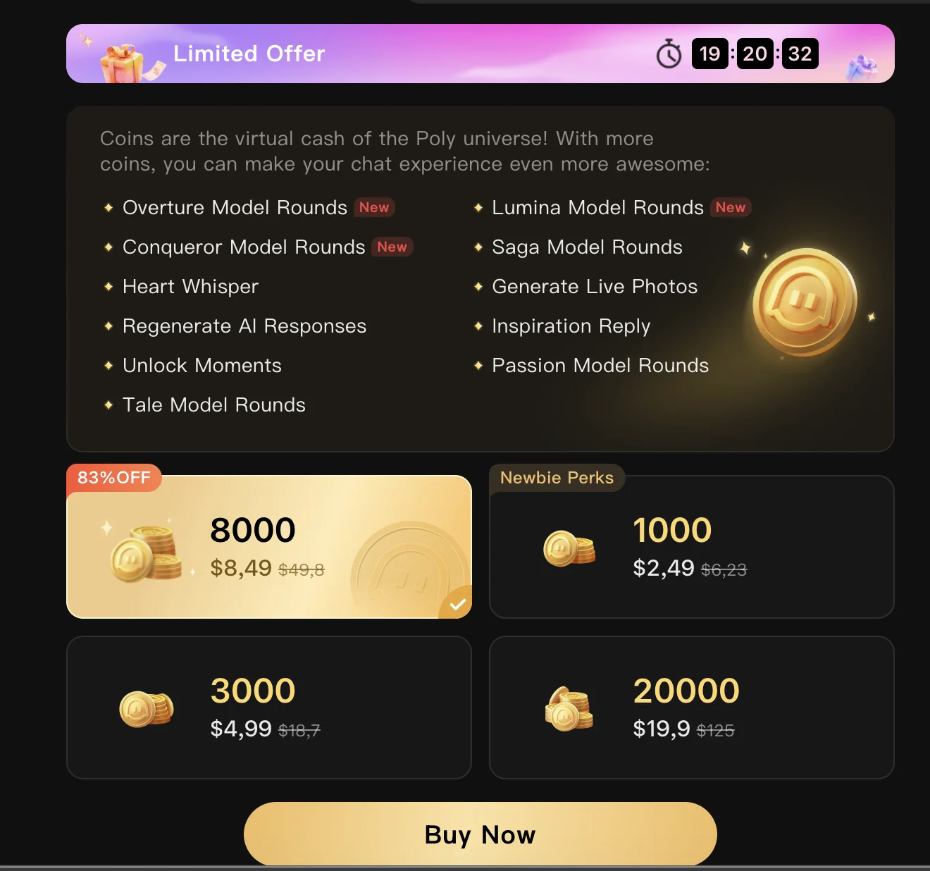 Polybuzz Coins — пакеты 1000/3000/8000/20000 монет с Limited Offer 83% off
