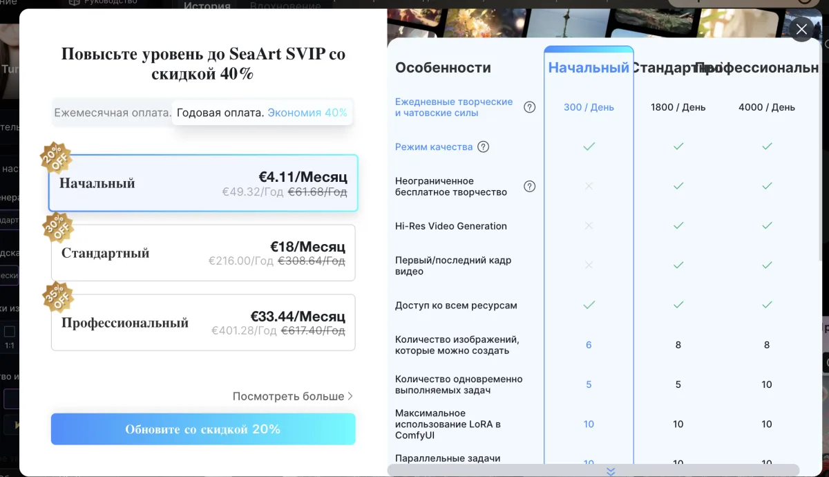 SeaArt SVIP — 4 тарифа годовой оплатой