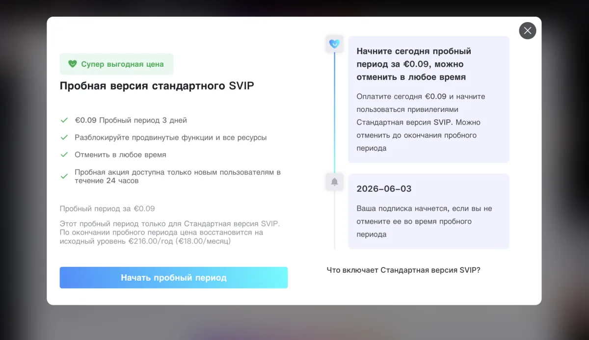SeaArt SVIP trial €0.09 за 3 дня