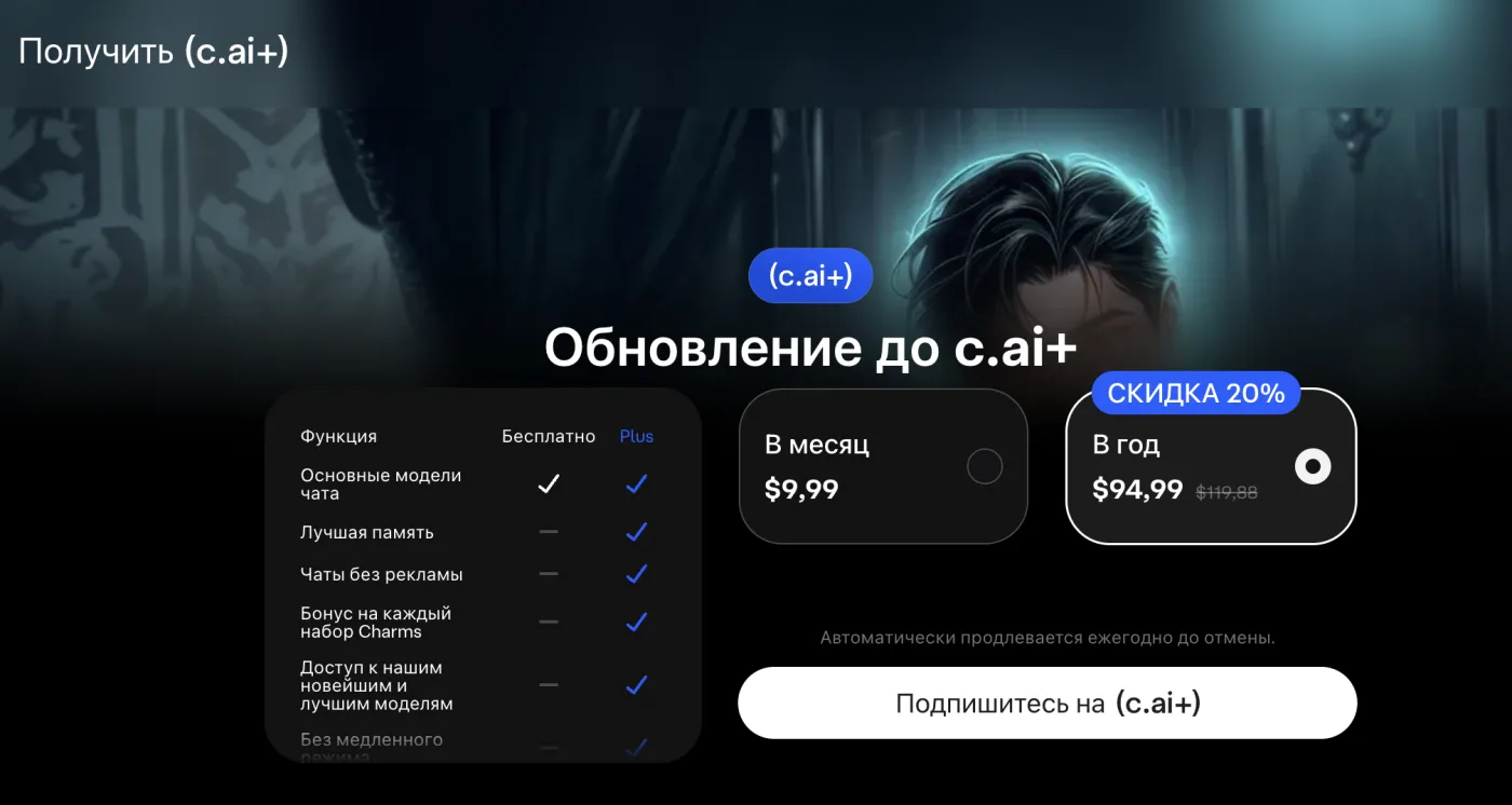 Страница подписки Character.AI на русском: $9,99 в месяц или $94,99 в год со скидкой 20%
