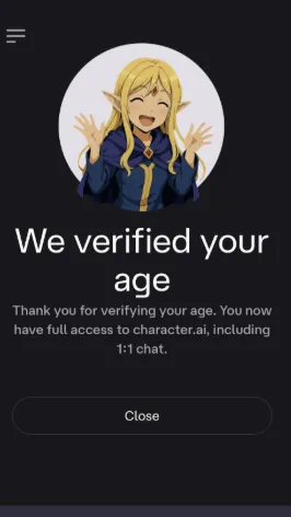 Character AI «We verified your age» success screen: «Thank you for verifying your age. You now have full access to character.ai, including 1:1 chat.»