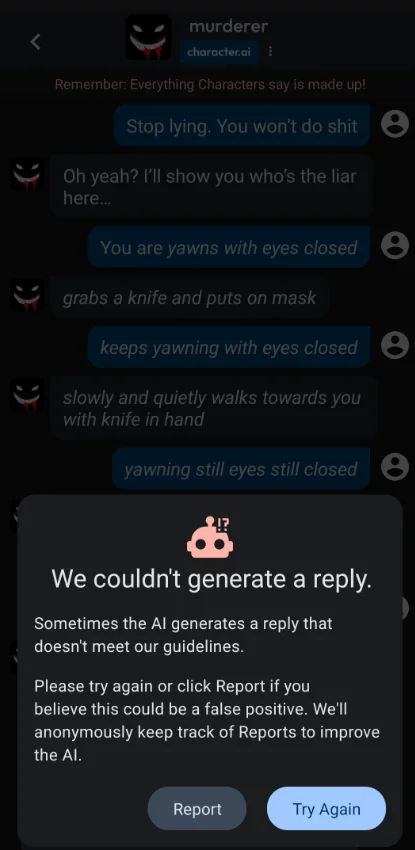 Character.AIのスクリーンショット — 「murderer」キャラ（ナイフとマスク）とのロールプレイがフィルター「We couldn't generate a reply」でブロックされる