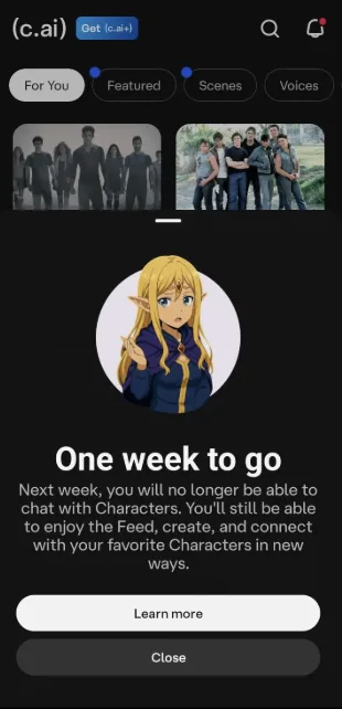 Character AI «One week to go» warning — chat with Characters becomes unavailable next week, only Feed and creation remain
