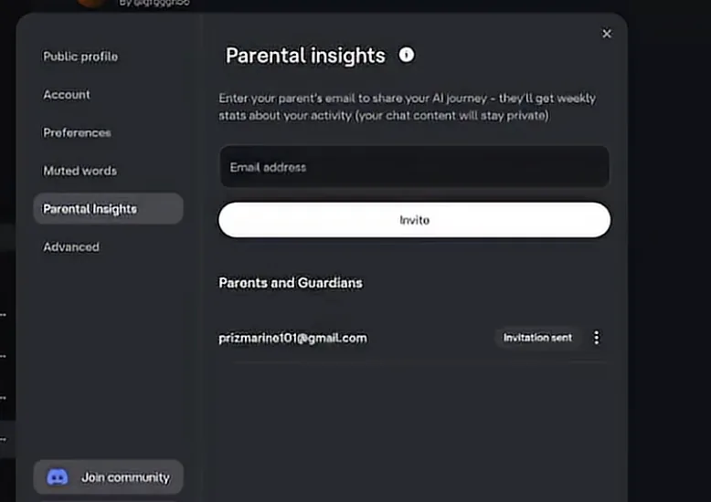 Character AI Parental Insights section: email field for parent and «Parents and Guardians» list with an invite