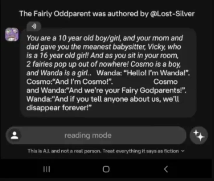 Character AI server-side read mode on mobile: greyed-out input bar with the words «reading mode» where Send normally is