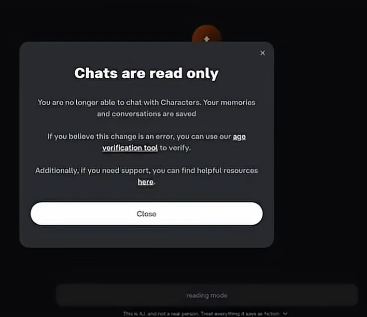 Character AI modal «Chats are read only»: text about saved memories and conversations, link to age verification tool