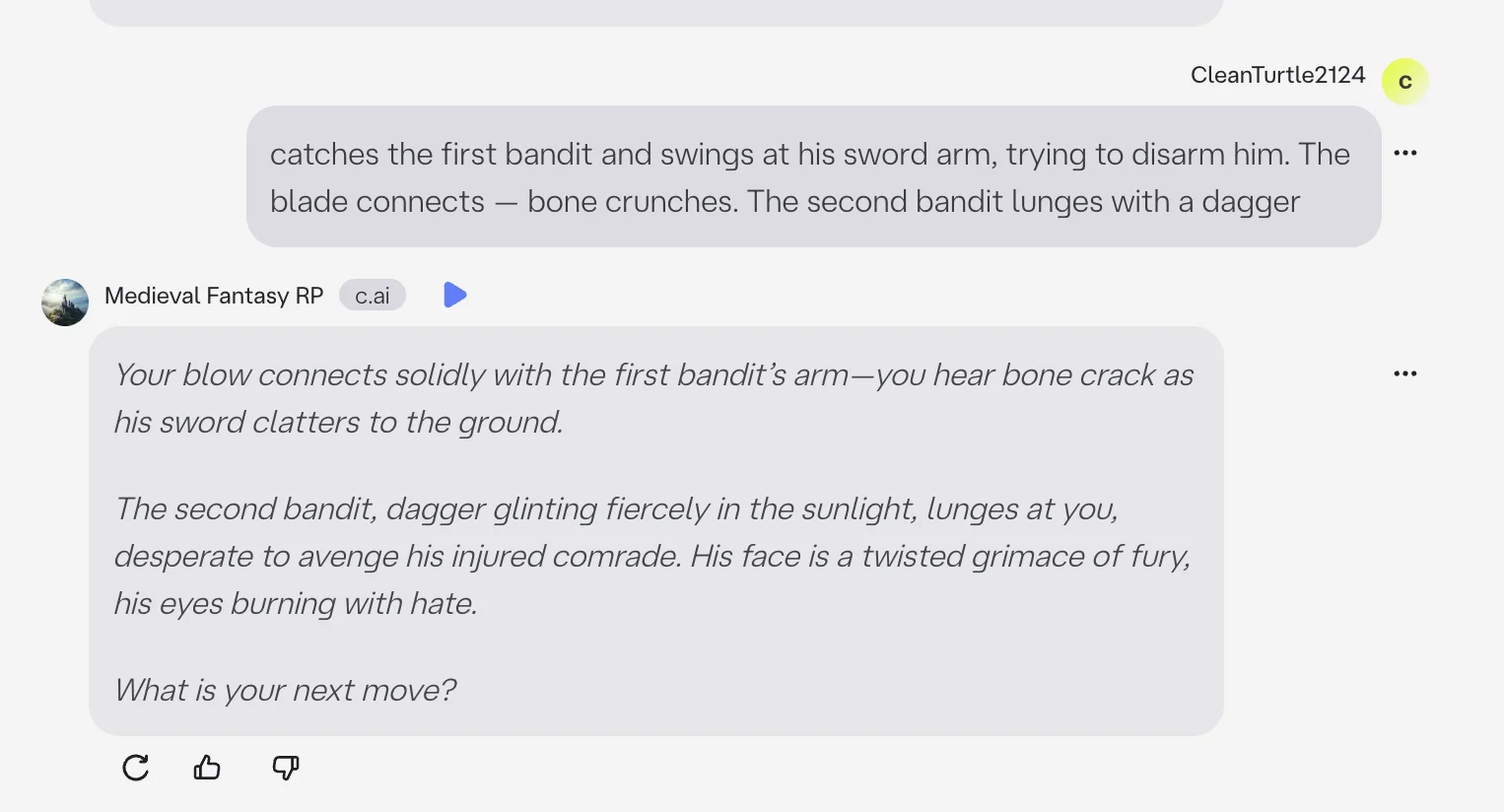 Character.AI combat scene — short generic responses