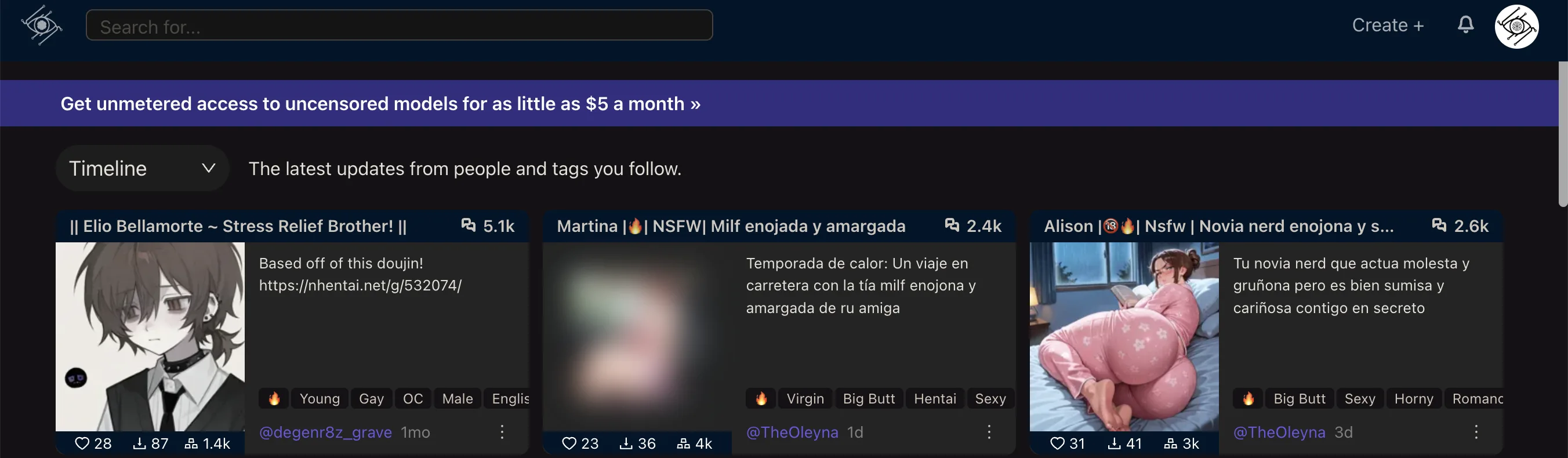 Главная Chub AI — Timeline с UGC-character cards, теги Sexy/Hentai/Romance/Virgin/Big Butt, баннер «Get unmetered access to uncensored models for as little as $5 a month»