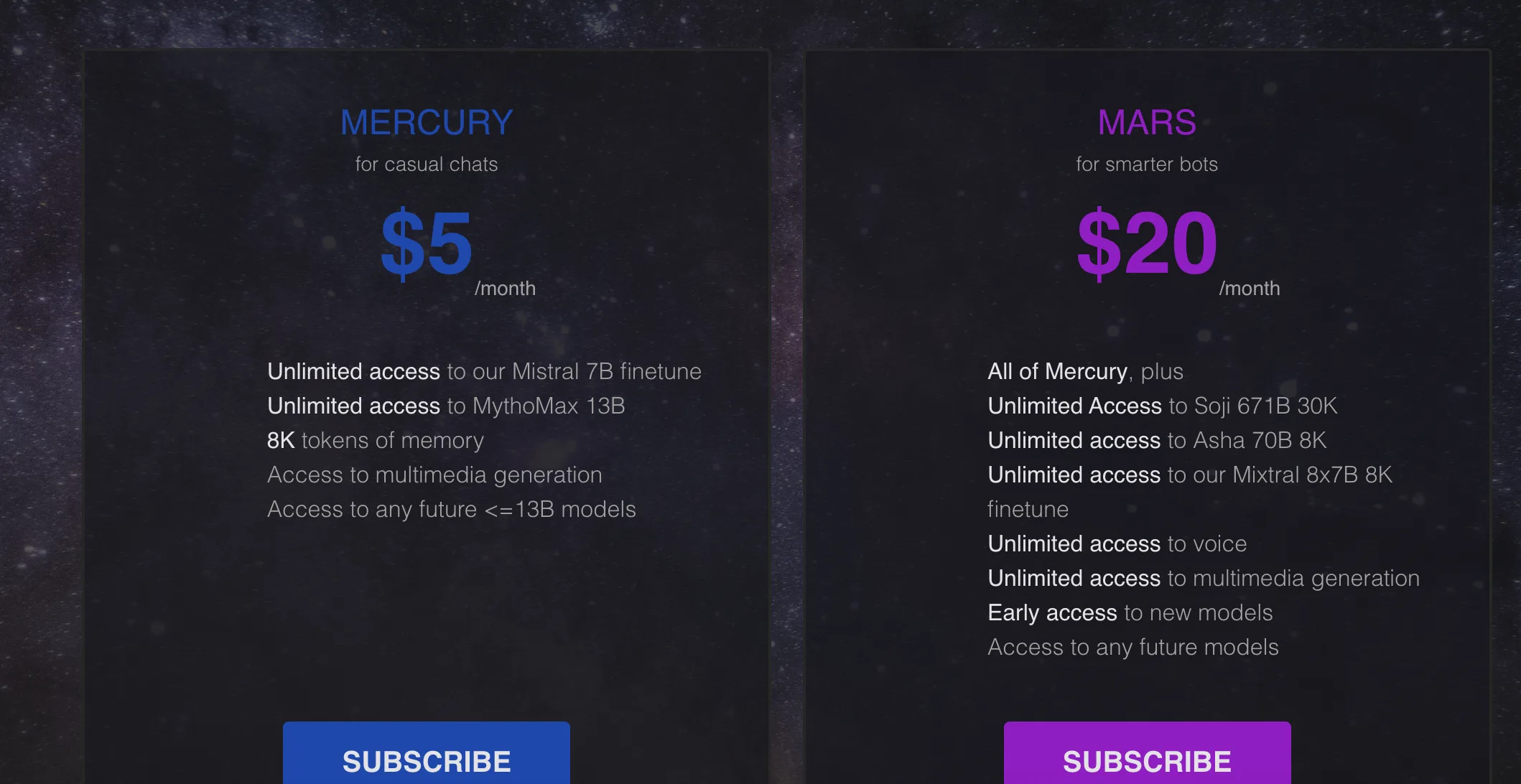 Pricing-экран Chub AI: Mercury $5/мес (Mistral 7B finetune + MythoMax 13B, 8K memory) и Mars $20/мес (Soji 671B 30K + Asha 70B 8K + Mixtral 8x7B + voice)