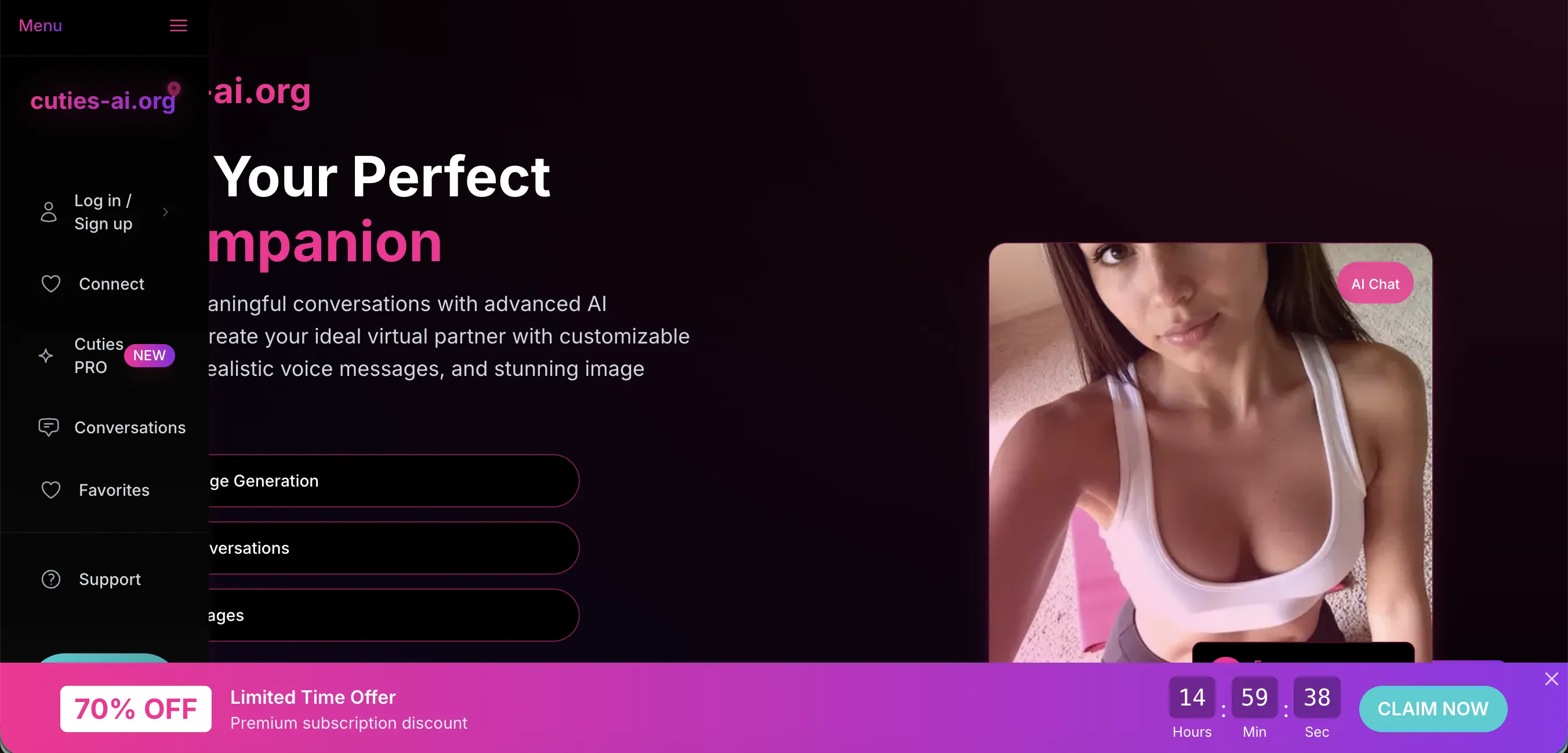 Cuties AI homepage with navigation and countdown timer