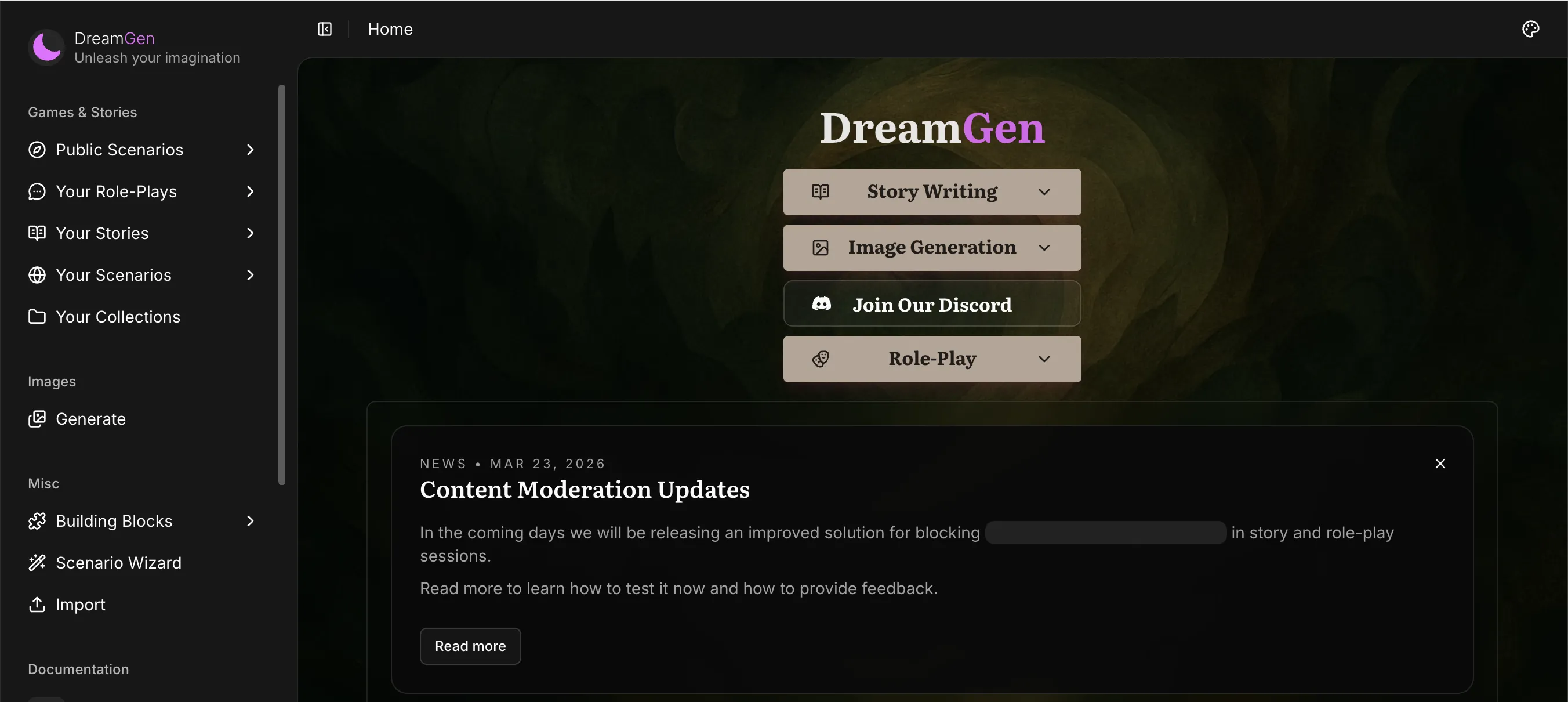 DreamGen homepage — narrative AI platform