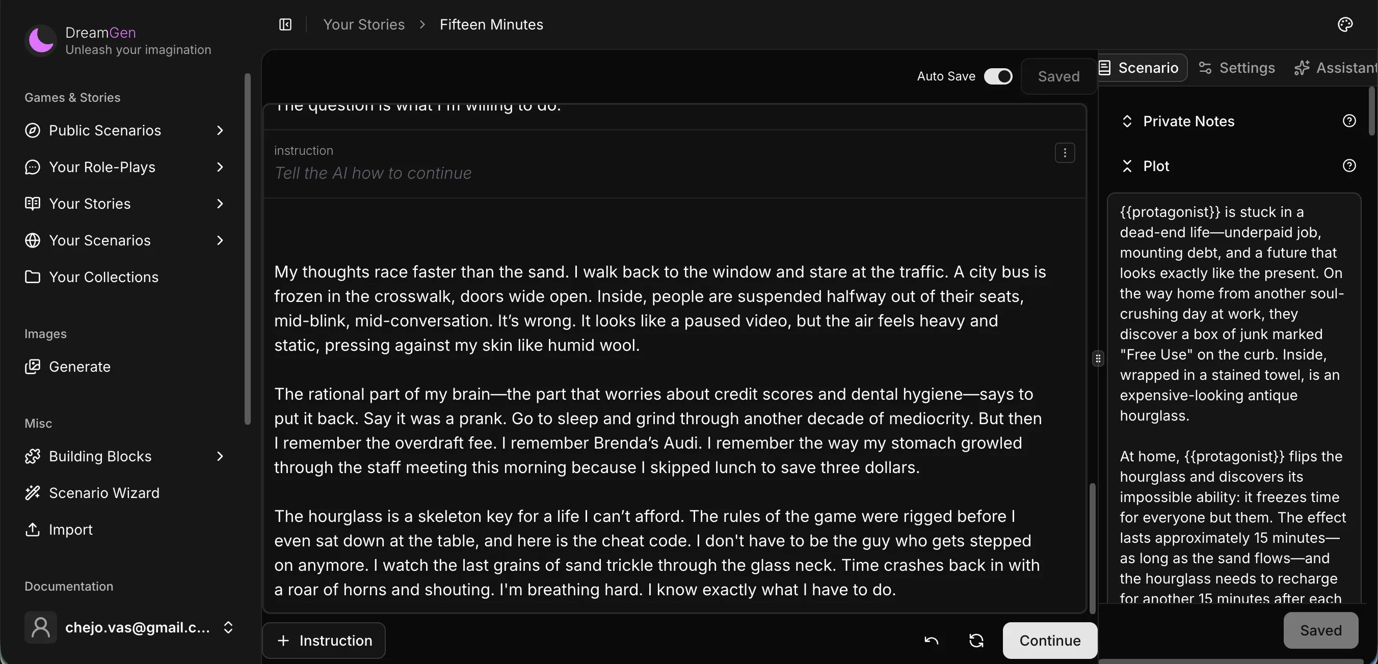 DreamGen story interface — writing mode