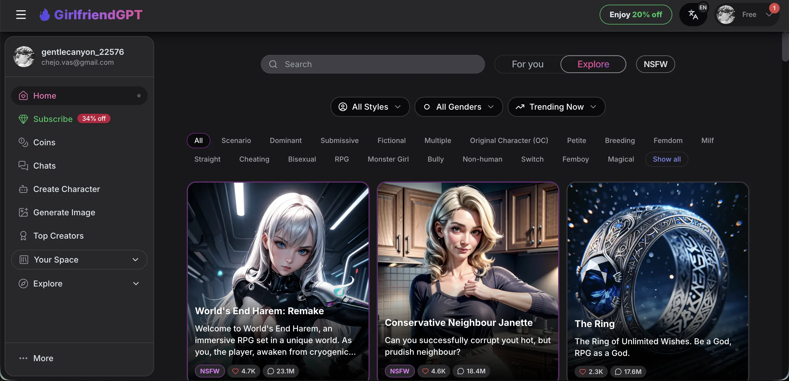 Главная GirlfriendGPT (gptgirlfriend.online): tabs For you / Explore / NSFW, сайдбар Home/Subscribe (34% off)/Coins/Chats/Create Character/Generate Image/Top Creators, фильтры по тегам (Scenario, Dominant, Submissive, RPG, Monster Girl, Femdom, Milf и др.), карточки персонажей World's End Harem: Remake, Conservative Neighbour Janette, The Ring