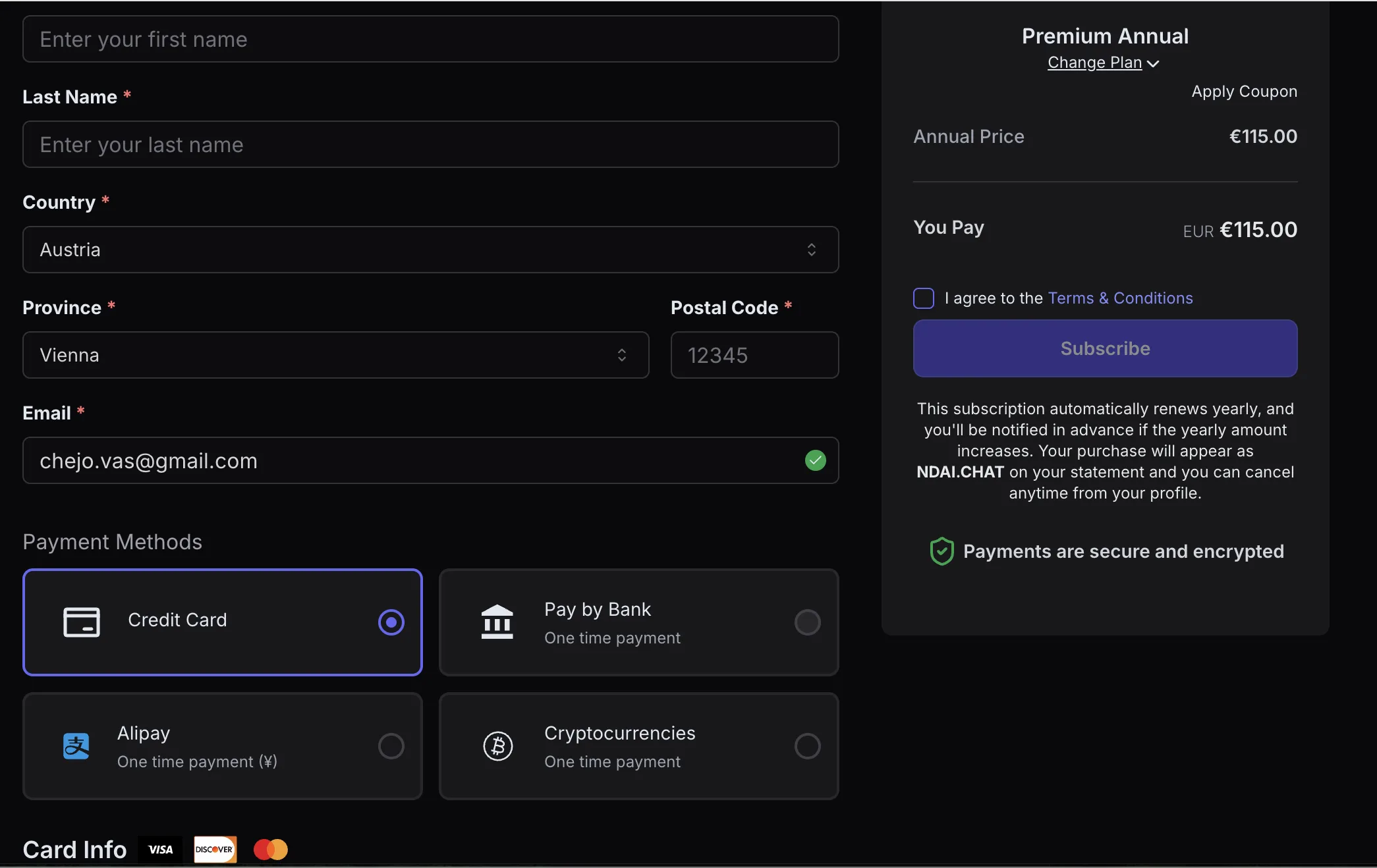 Checkout GirlfriendGPT: форма для Premium Annual €115, методы оплаты Credit Card (Visa/MC/Diners) / Pay by Bank / Alipay / Cryptocurrencies. Текст «Your purchase will appear as NDAI.CHAT on your statement»