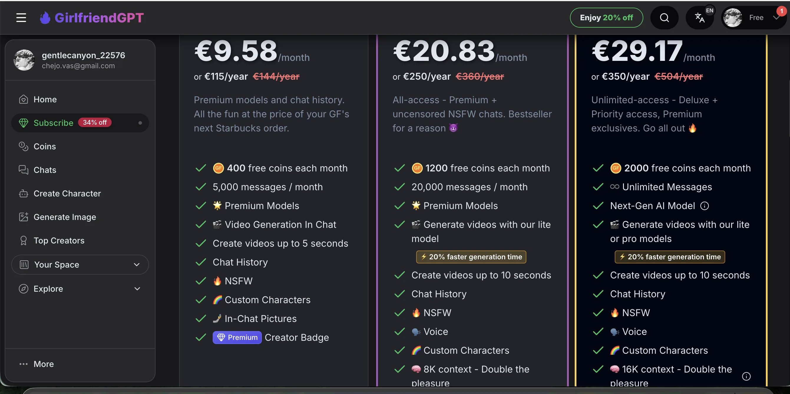 Pricing-экран GirlfriendGPT: 3 тарифа Premium €9.58/мес (400 coins, 5K msg, video 5s), Deluxe €20.83/мес (1.2K coins, 20K msg, video 10s, Voice, Bestseller), VIP €29.17/мес (2K coins, Unlimited Messages, 16K context, Next-Gen AI)