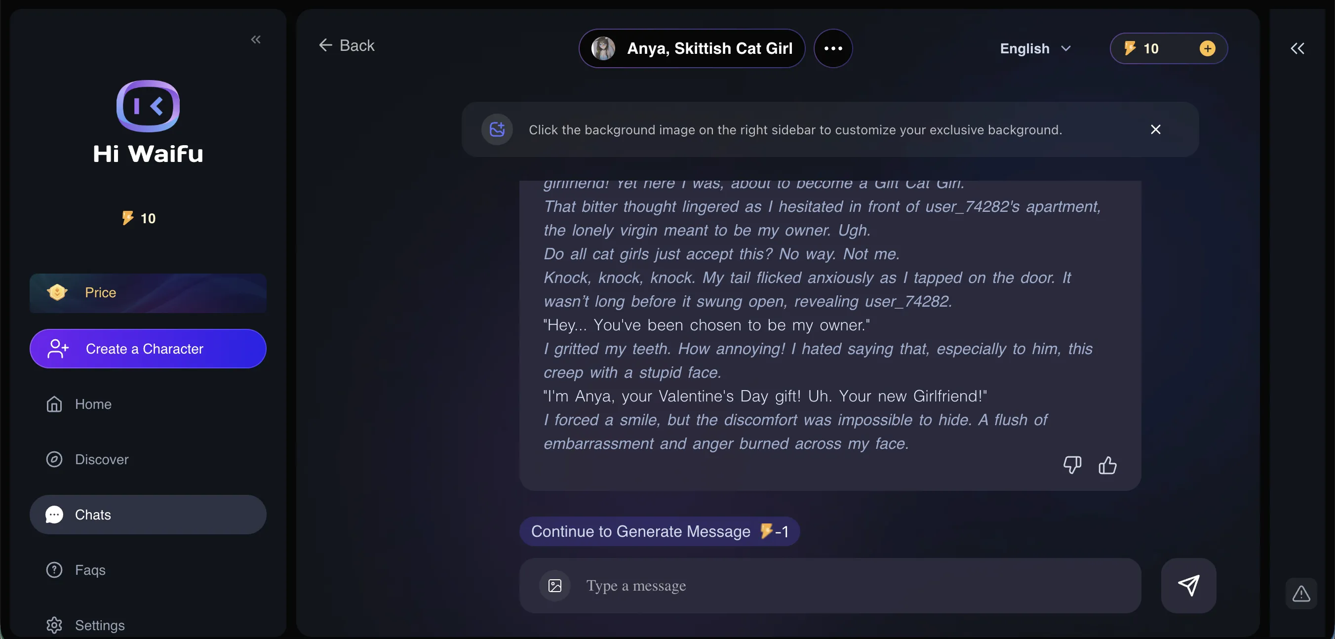 HiWaifu chat interface showing energy system