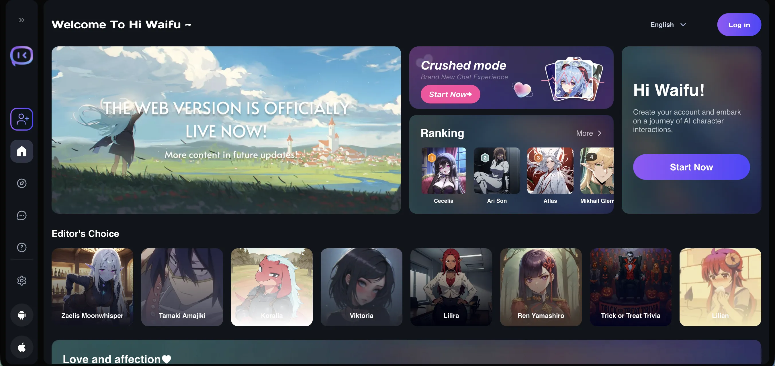 HiWaifu homepage with character cards