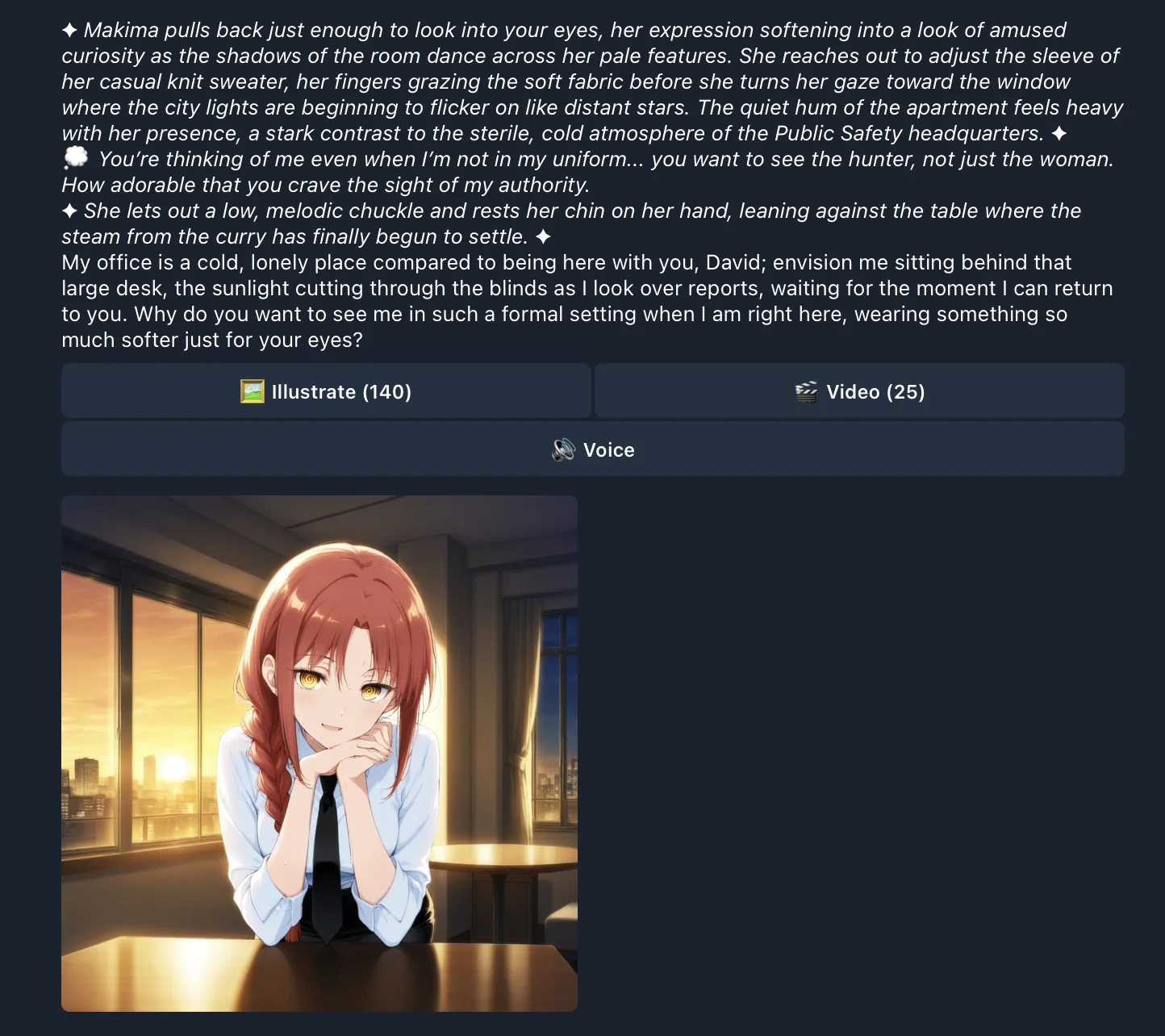 HoneyChat roleplay with Makima — immersive scene with illustration and voice options