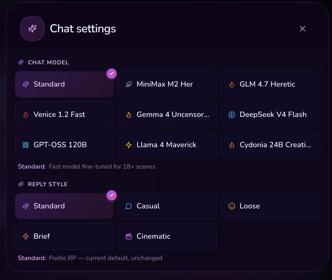 HoneyChat Chat Settings — 9 моделей переключаются без API-ключей