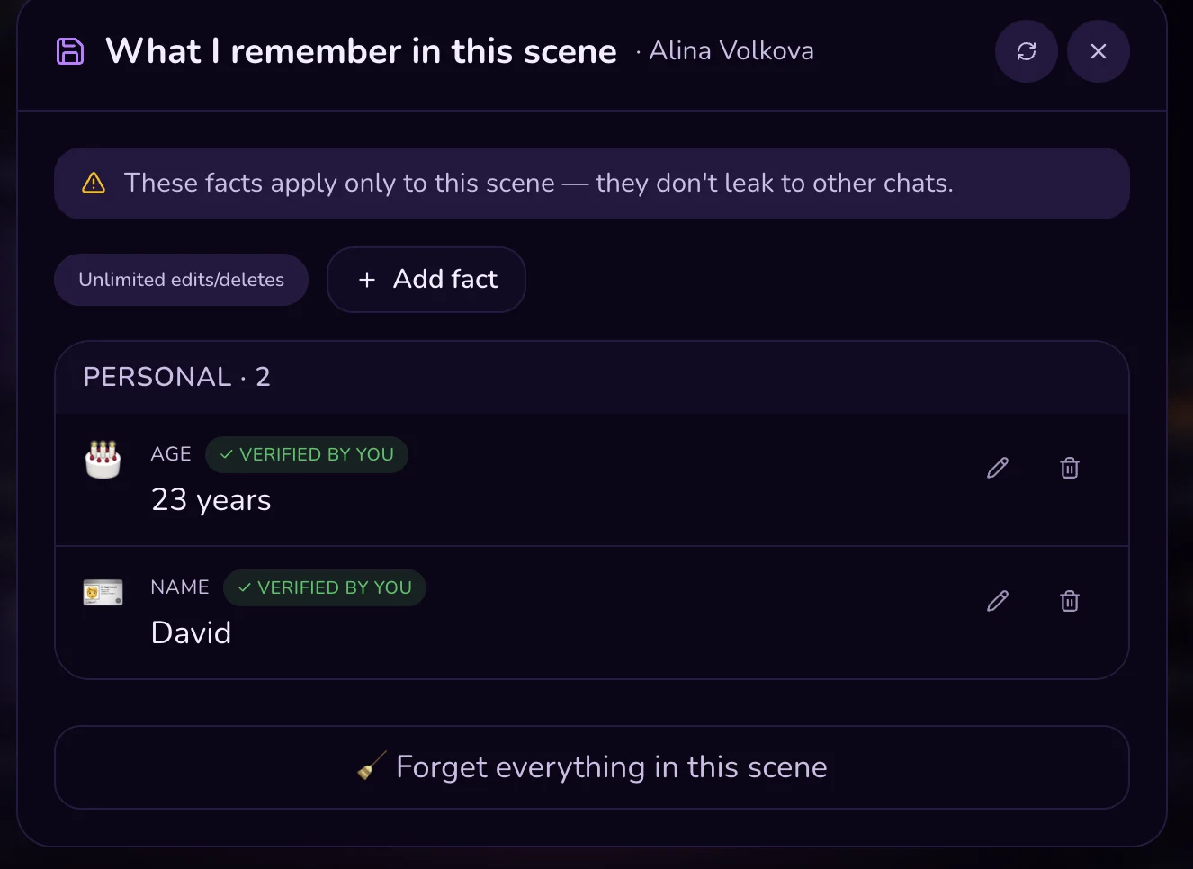 HoneyChat memory panel showing per-scene facts