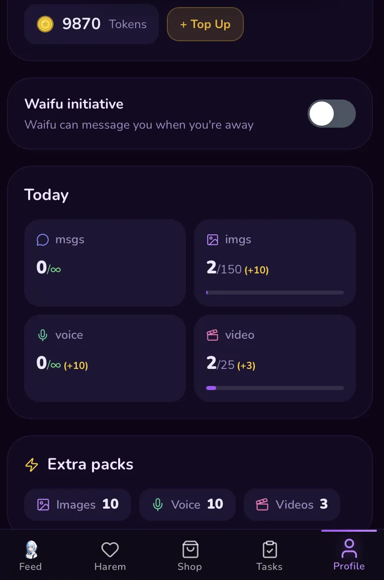HoneyChat profile with Waifu Initiative toggle and usage stats
