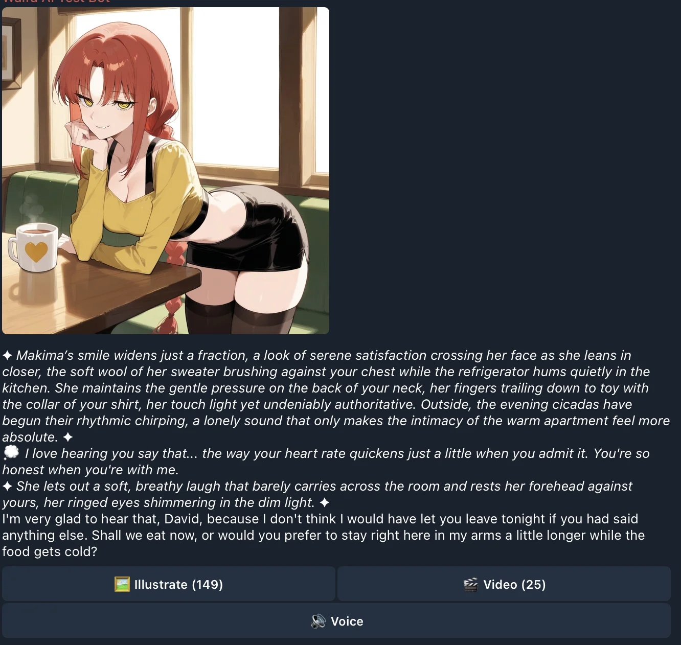 HoneyChat roleplay conversation with Makima — detailed narrative RP with voice and illustration options