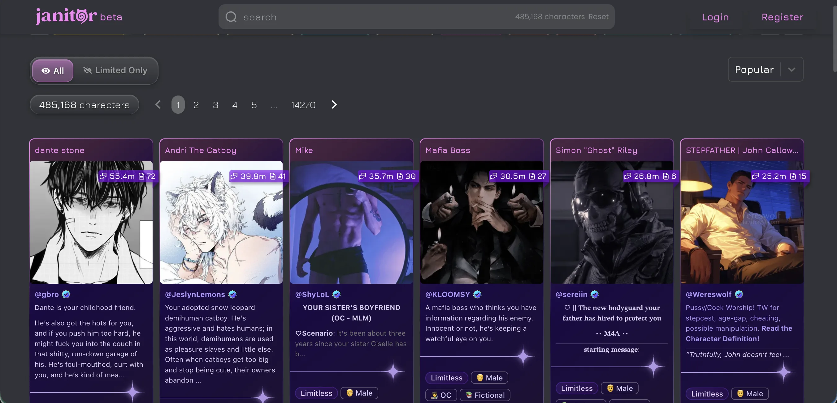 Janitor AI community character cards shown close-up, each tile showing a character avatar, name, short description, and tags in the platform's dark catalog layout