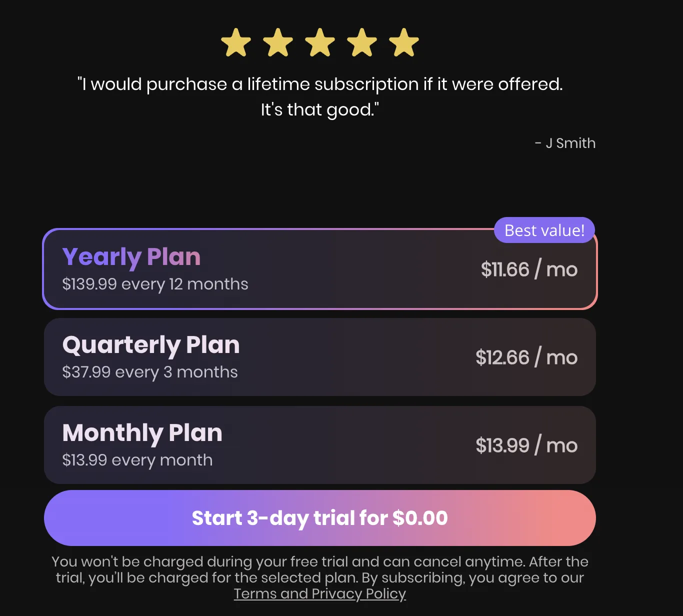 Pricing-экран Kindroid: Yearly $139.99 ($11.66/мес — Best value), Quarterly $37.99 ($12.66/мес), Monthly $13.99 + кнопка 'Start 3-day trial for $0.00'
