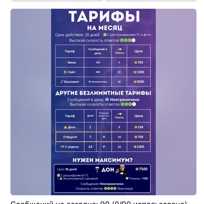 Ника — тарифы в Telegram Stars: Мини ⭐700, Лайт ⭐1300, Безлимит ⭐2600, короткие планы День/Неделя/2 недели и ДОН ⭐7500