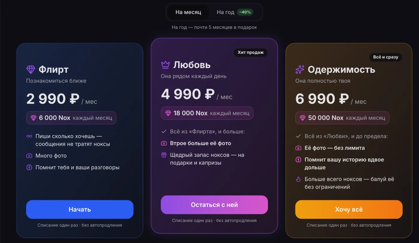 Тарифы Noxie: Флирт 2 990 ₽, Любовь 4 990 ₽, Одержимость 6 990 ₽ в месяц, скидка 40 процентов на год