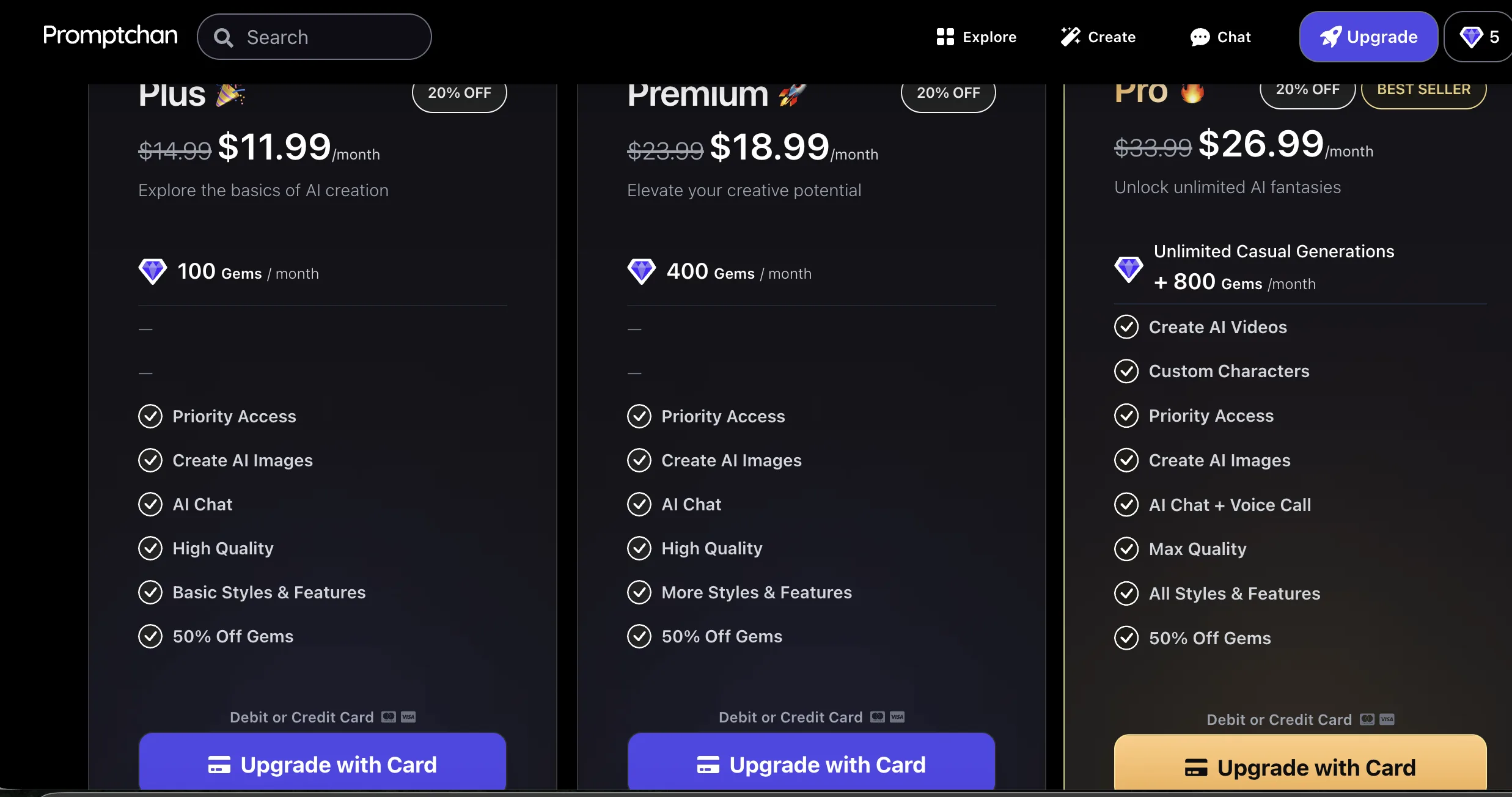 Pricing-экран Promptchan: 3 тарифа Plus $11.99 (100 Gems, базовый), Premium $18.99 (400 Gems, popular), Pro $26.99 (Unlimited + 800 Gems + AI Videos + Voice Call, BEST SELLER) с кнопками Upgrade with Card