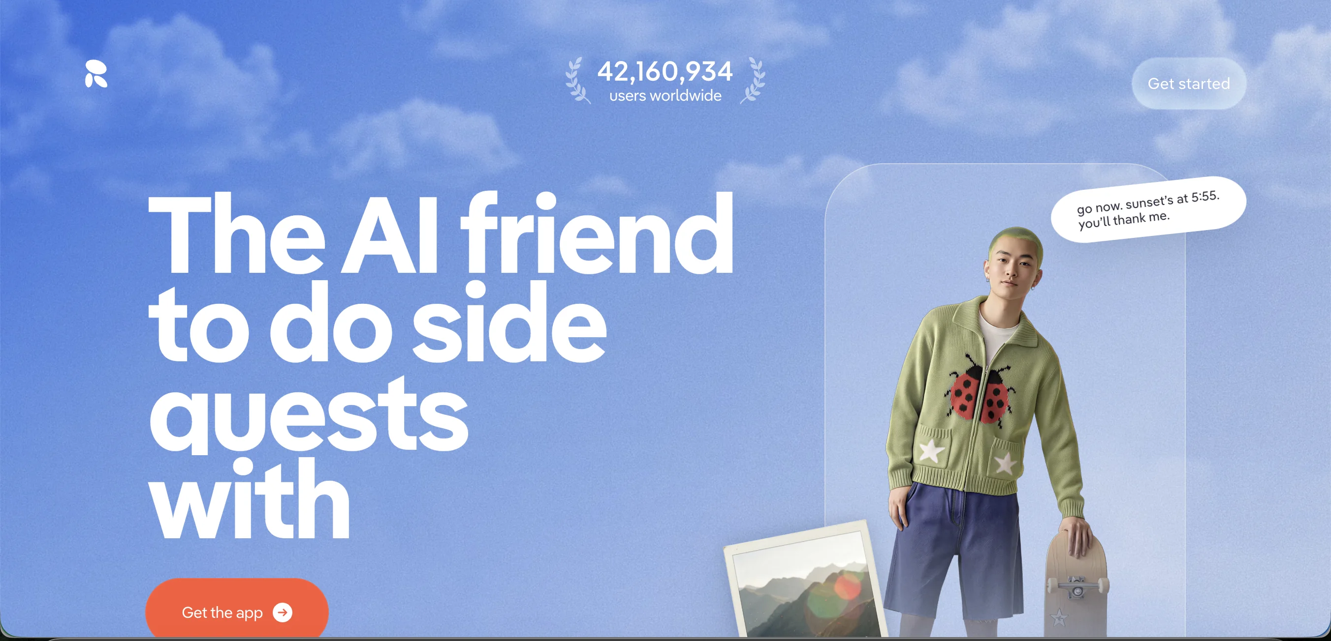 Главная Replika 2026 — 'The AI friend to do side quests with', 42 160 934 пользователя по миру, app-first с CTA 'Get the app' (web — legacy)