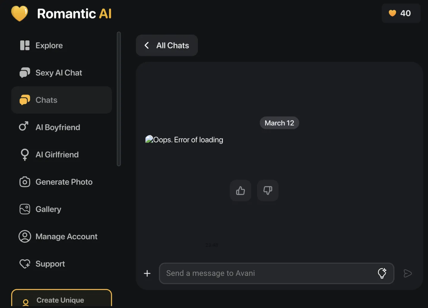 Romantical AI chat interface showing loading error
