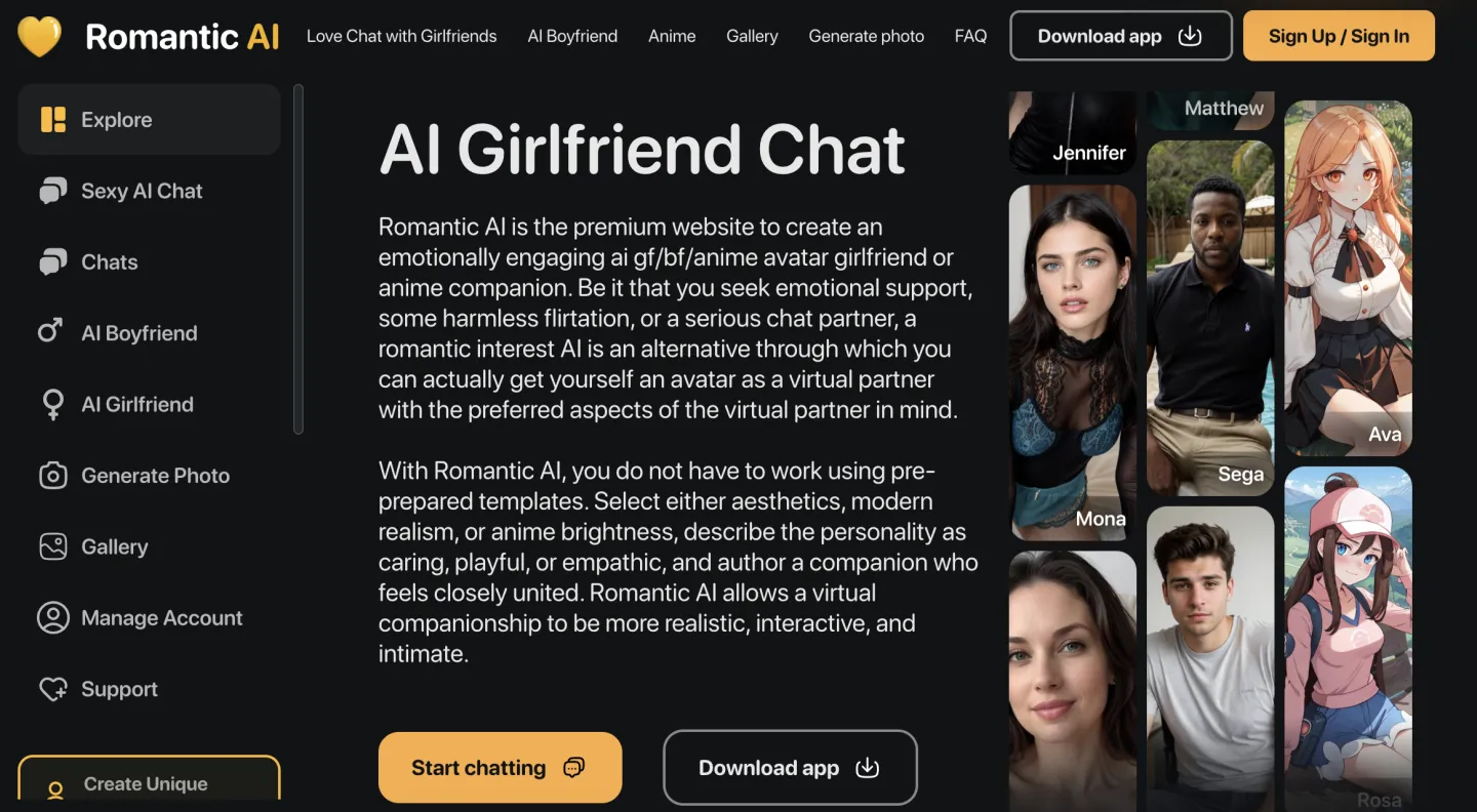 Romantical AI home screen