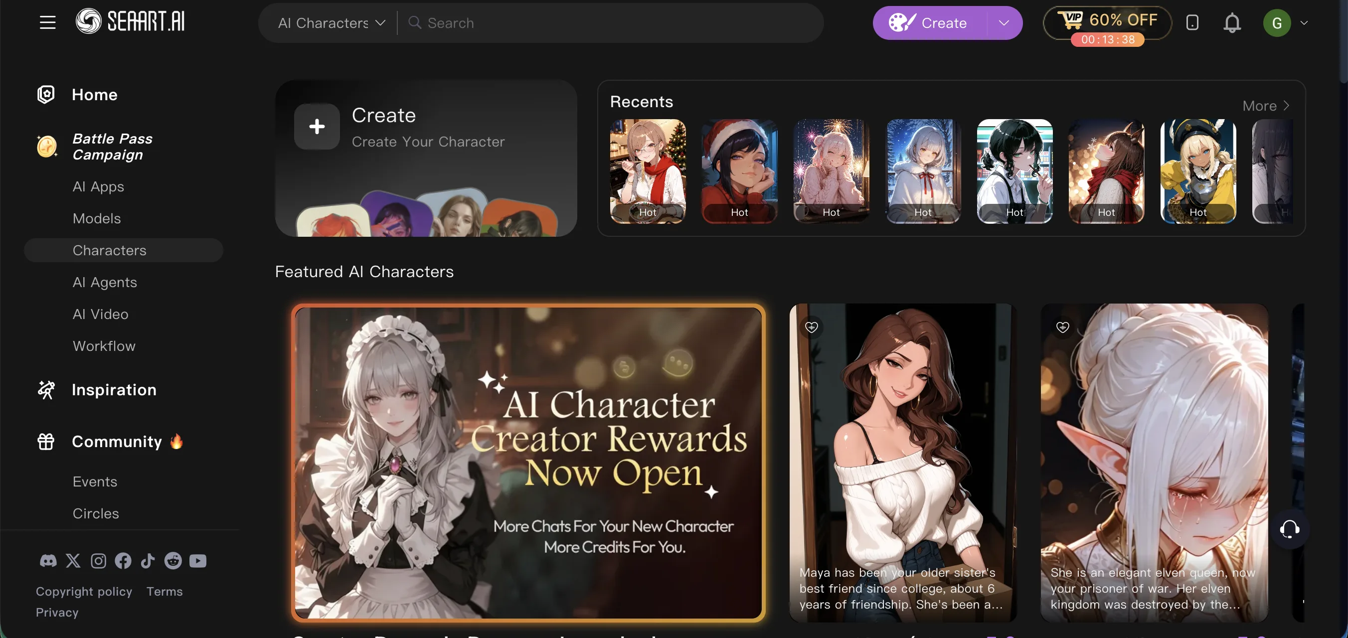 SeaArt homepage — image generation, video generation, AI Characters, with models Seedance 2.0, GPT Image 2.0, Kling 3.0