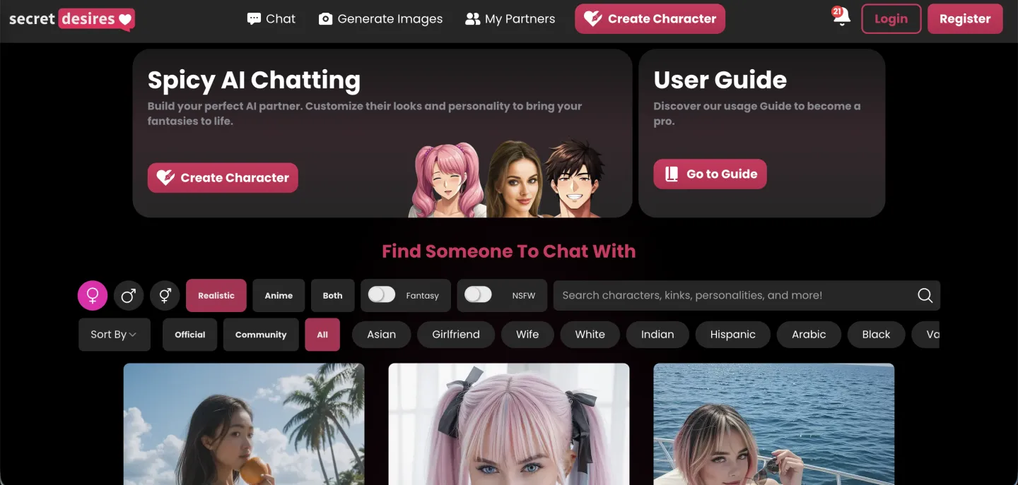 Secret Desires AI homepage