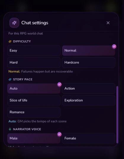 World settings for difficulty, story pace, and narrator voice. English interface.