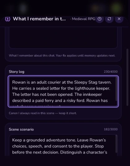 Story journal and scene directive for recording events and guiding narration. English interface.