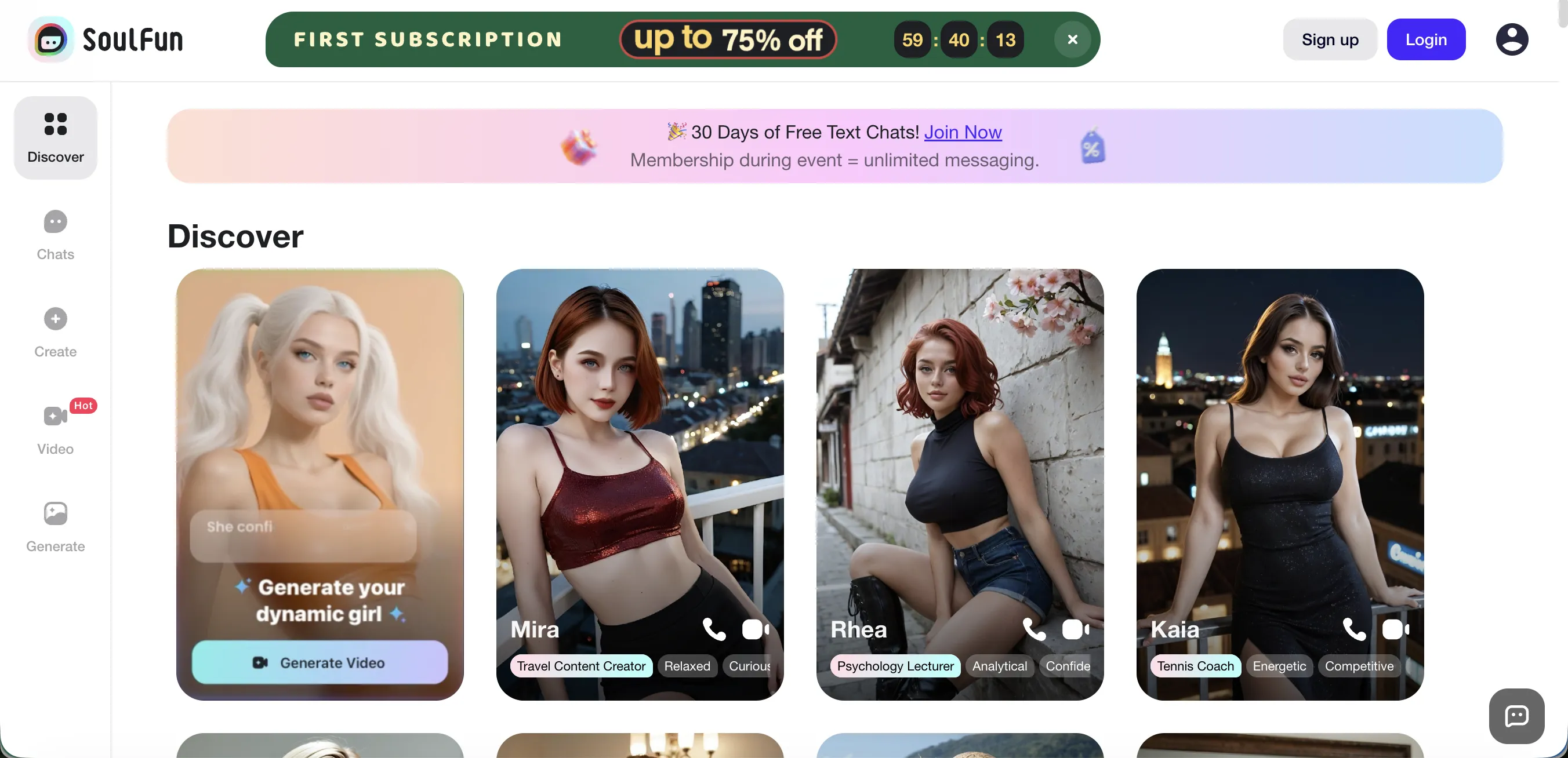 SoulFun AI homepage with characters and discount banner