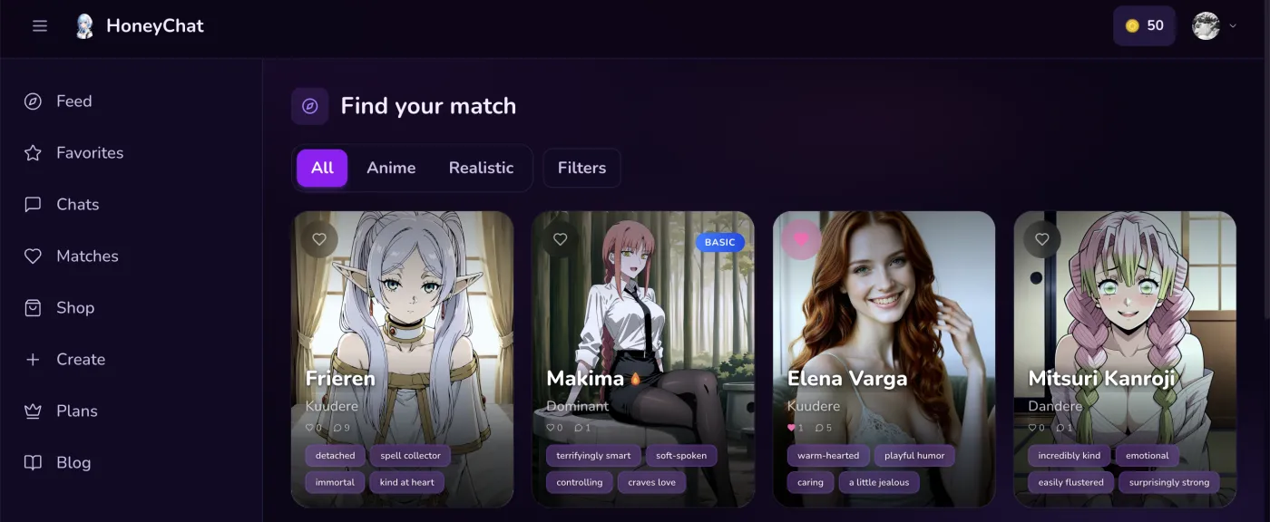 HoneyChat web app — galería de personajes