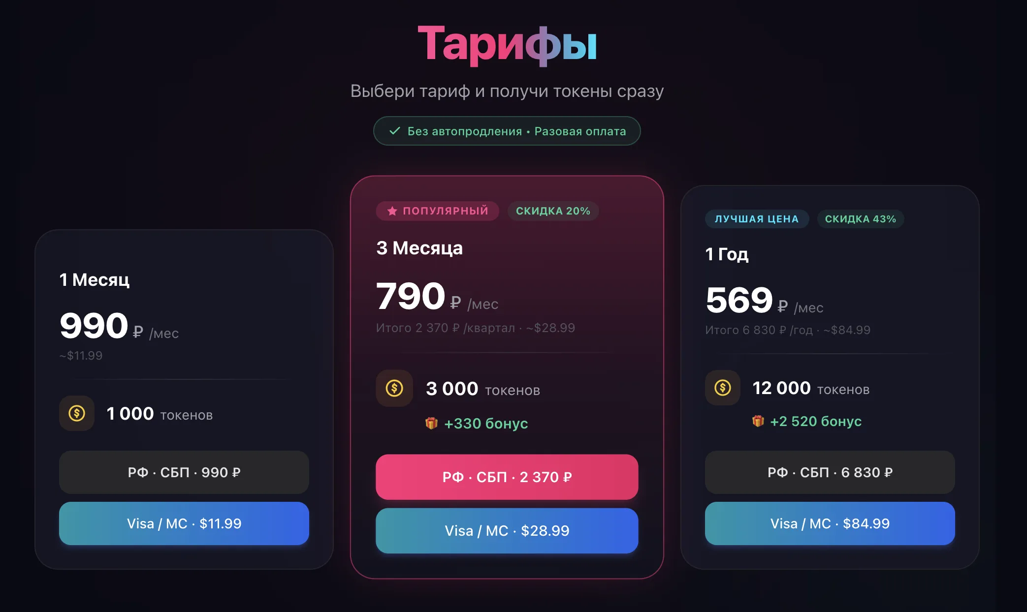 Подписка WildGrl Pro: 990₽ месяц / 790₽ × 3 мес / 569₽ × год
